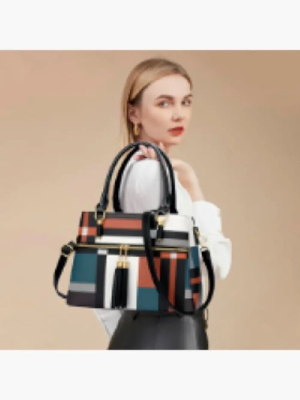 PU Leather Satchel Handbag 3 Compartments Crossbody Top Handle
